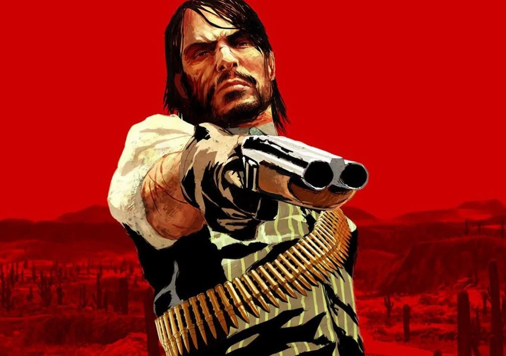 John Marston pointing sawed-off shotgun on red desert background from Red Dead Redemption cover art