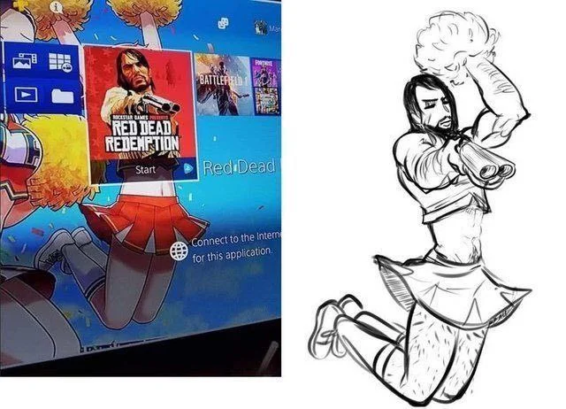 Meme chart comparing Red Dead Redemption on PS, Xbox, Switch and a YouTube video for PC