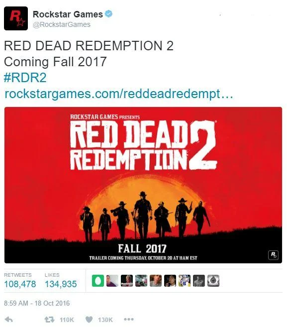 Rockstar Games Twitter announcement of Red Dead Redemption 2 with cowboy silhouette artwork