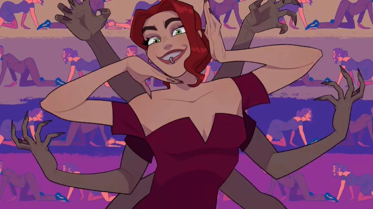 "Red Flags" by Tom Cardy — Animated red-haired woman in red dress surrounded by menacing clawed hands from Tom Cardy's Red Flags music video.