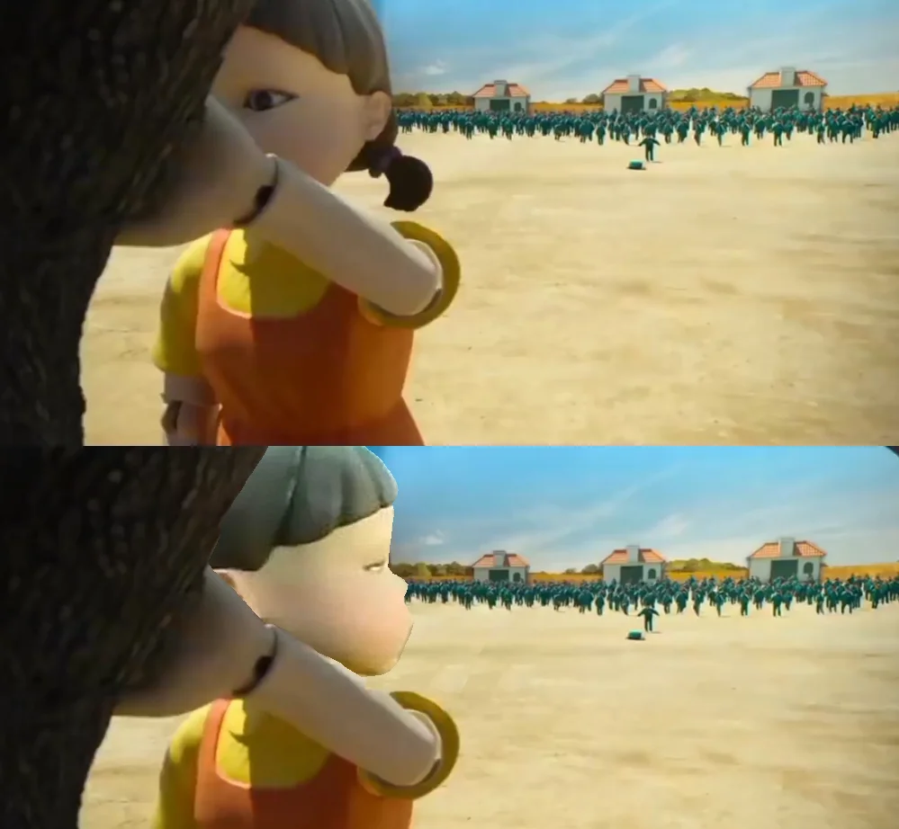 Red Light, Green Light — Two-panel side-view of the Squid Game doll facing a field with Squid Game players