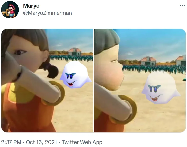 Red Light, Green Light — Tweet by @MaryoZimmerman comparing Squid Game doll scenes with a Mario Boo ghost edited in