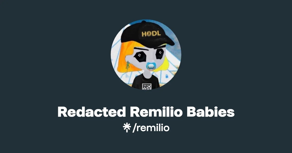 Redacted Remilio Babies — A cute chibi-style NFT character wearing a 'HODL' cap against a dark teal background, representing the minimalist anime art style of