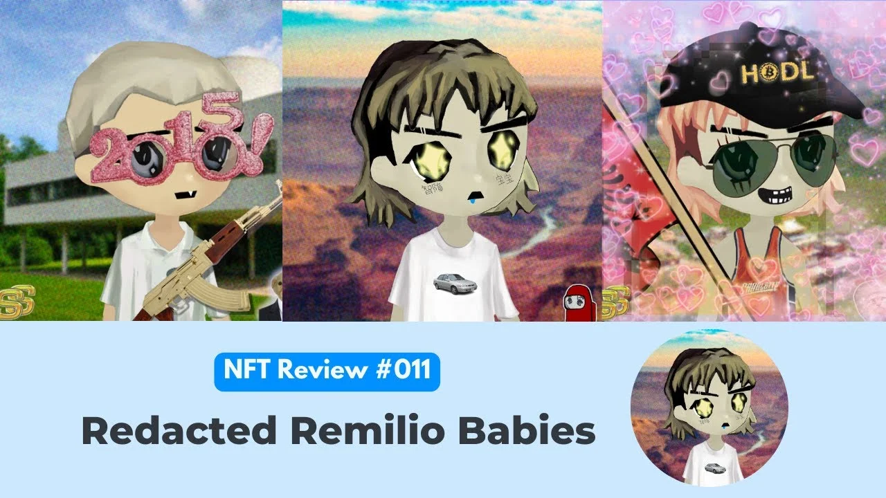 Three chibi-styled NFT characters from Redacted Remilio Babies displayed side-by-side, each featuring unique accessories including sunglasses and caps.