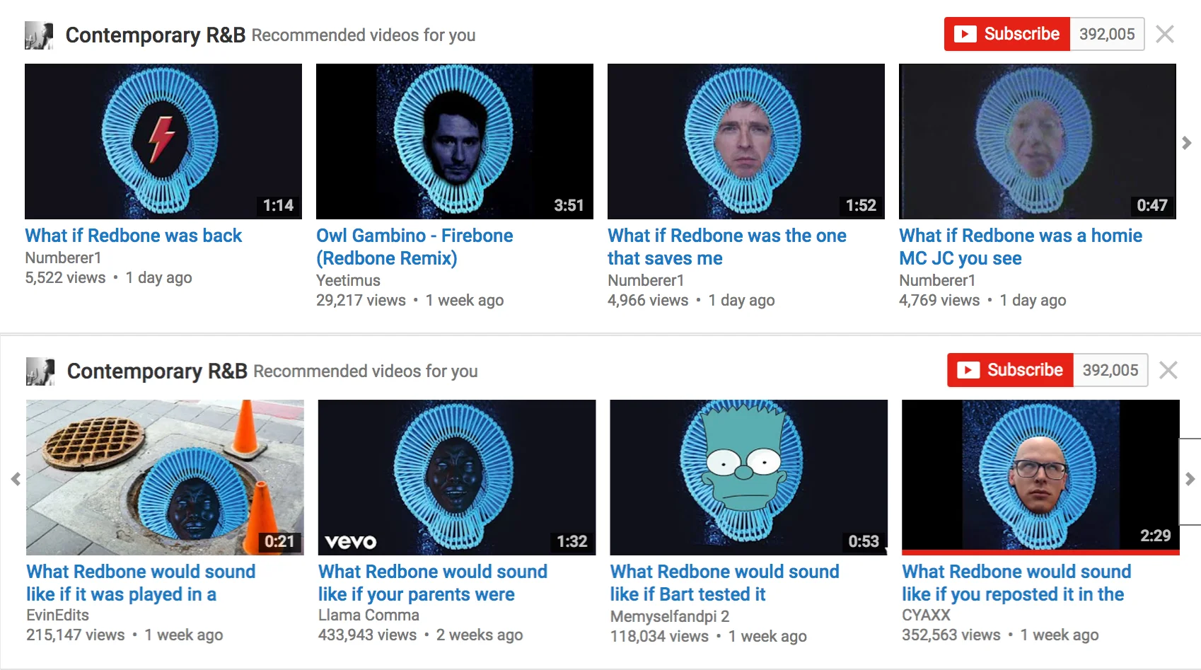 YouTube recommended videos panel showing several Redbone parody and remix thumbnails with variations of the album cover
