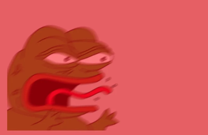 REEEEEEE — Blurry brown Pepe the Frog screaming with mouth wide open on a red background.