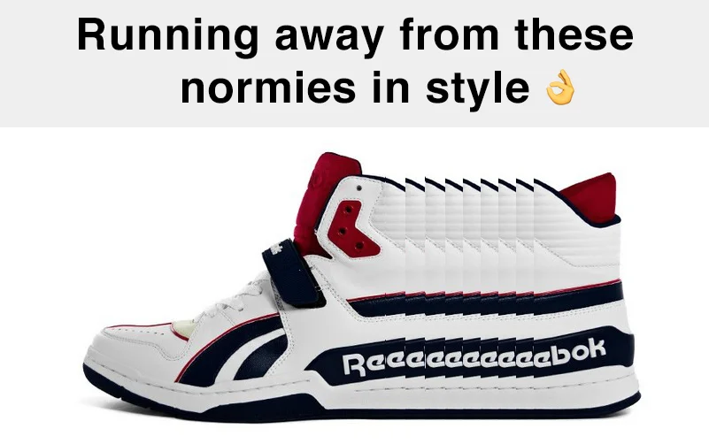 Reebok sneaker photoshopped to read 'Reeeeeeeeebok' with normie caption.