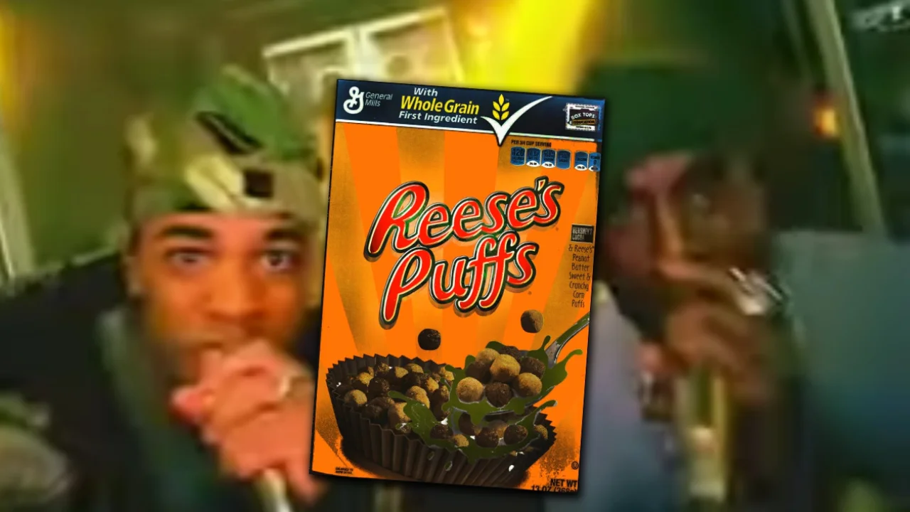 Reeses Puffs Rap — Reese's Puffs cereal box overlaid on a blurred image of a rapper holding a microphone