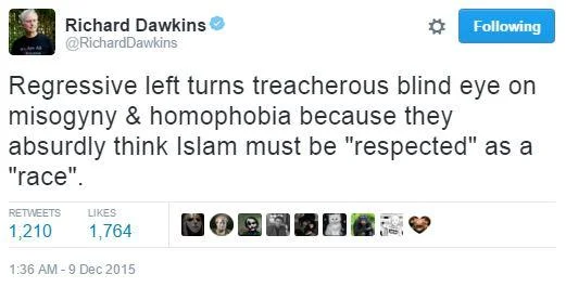A screenshot of a Richard Dawkins tweet from December 9, 2015 using the phrase 'Regressive Left' to argue about liberal tolerance of Islamic misogyny and