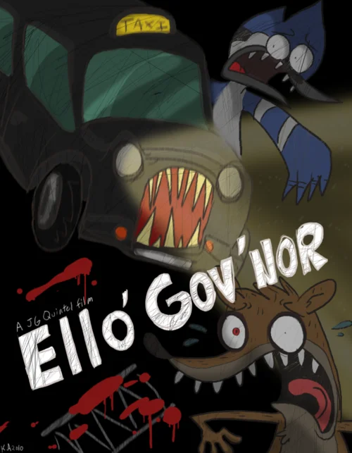 Ello Gov'nor Regular Show horror fan poster with taxi and Mordecai and Rigby