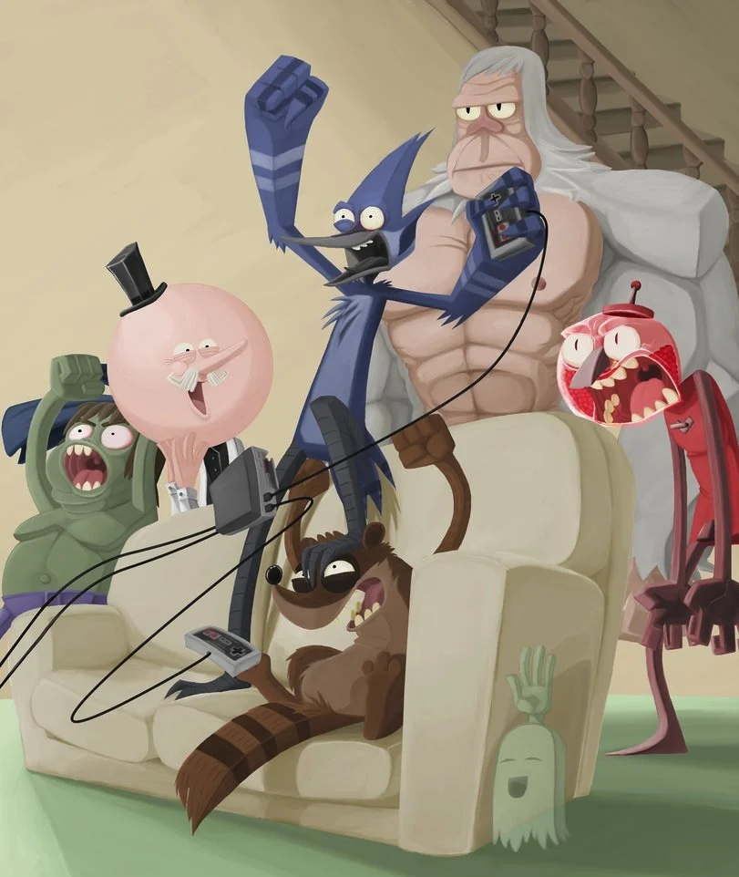 Painterly fan art of Regular Show characters playing NES together in a living room