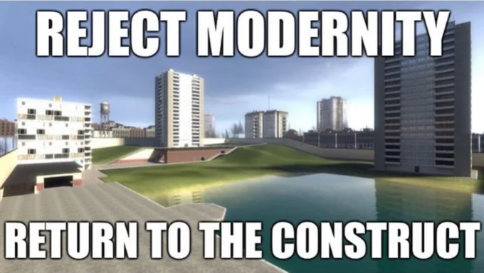 Reject Modernity Embrace Tradition — Meme applying reject modernity concept to brutalist architecture with white impact font text reading 'REJECT MODERNITY'