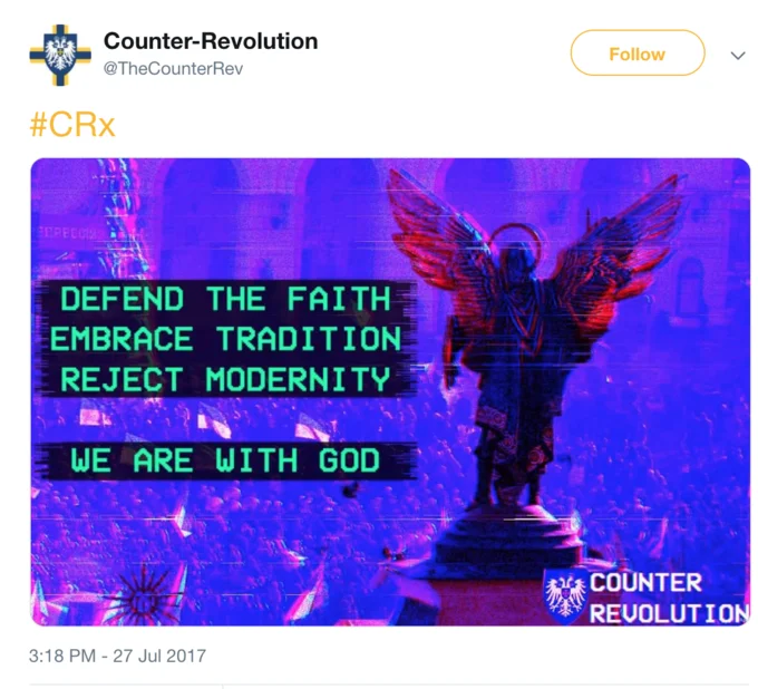 Reject Modernity Embrace Tradition — Twitter or X post screenshot showing a glowing angel or religious statue with text 'DEFEND THE FAITH, EMBRACE TRADITION