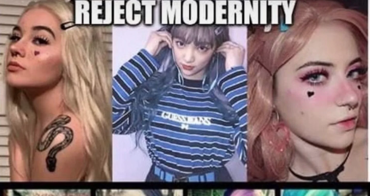 Reject Modernity Embrace Tradition — Clean two-panel meme comparing vaping with vapor clouds labeled 'Reject Modernity' to traditional cigarette smoking