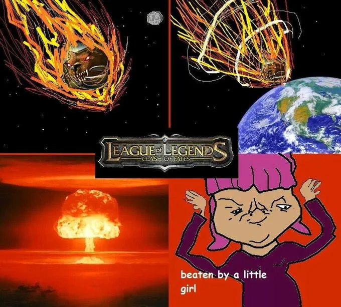 Rekt — Composite image featuring League of Legends gaming elements including burning meteors, game logo, planet Earth, and defeated cartoon character.