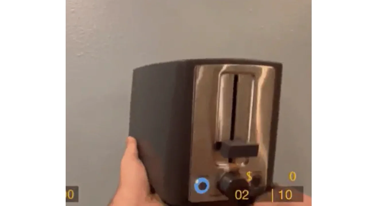 Reloading Everyday Objects Like Video Game Weapons — Hand holding a toaster with video game HUD ammo counter overlays in the corners