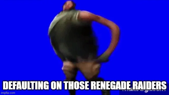 Renegade Dance — Character reaction meme showing someone in bent-over dance pose with yellow impact text joking about Fortnite Renegade Raider skin.