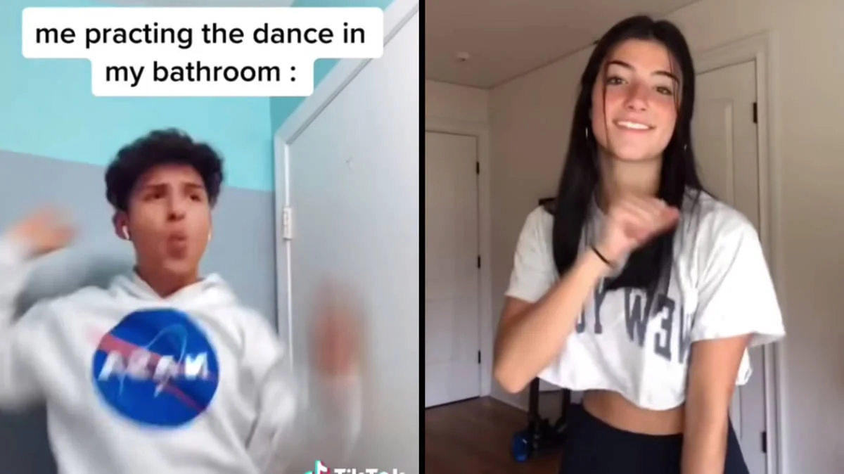 Two-panel meme comparing awkward home practice of the Renegade dance to confident public performance with contrasting dancer presentations.