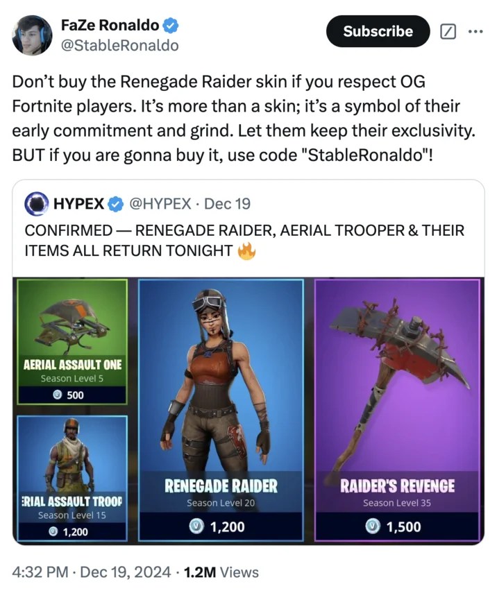 Renegade Raider Copypasta Dont Buy The Renegade Skin If You Respect Og Fortnite Players — FaZe Ronaldo tweet using the Renegade Raider copypasta to promote his