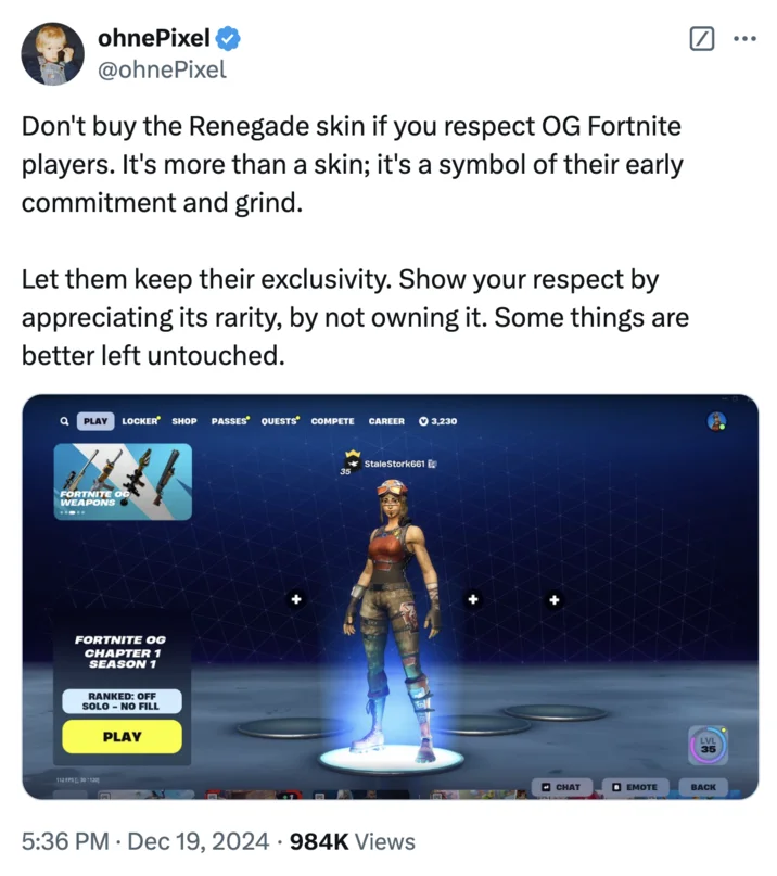 Renegade Raider Copypasta Dont Buy The Renegade Skin If You Respect Og Fortnite Players — ohnePixel tweet reposting the Renegade Raider copypasta with a