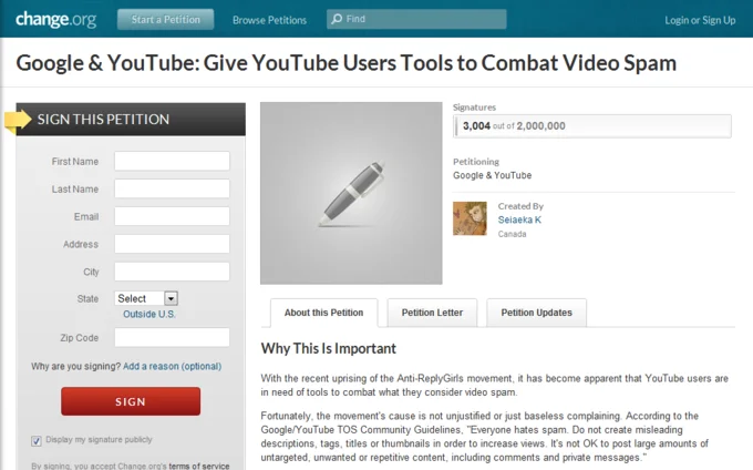 Change.org petition asking Google and YouTube for tools to combat video spam from Reply Girls