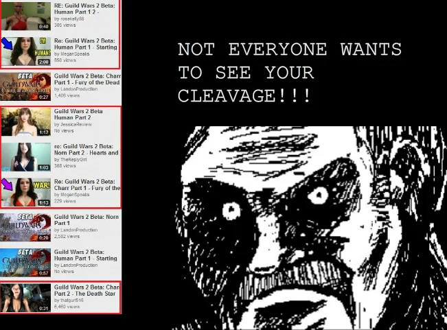 Reply Girls — YouTube reply video sidebar next to a rage face captioned NOT EVERYONE WANTS TO SEE YOUR CLEAVAGE