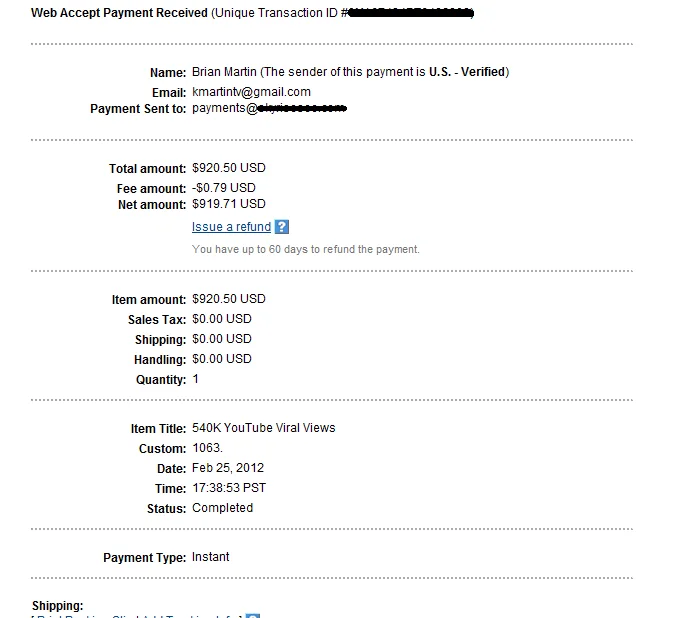 Reply Girls — PayPal receipt showing a $920.50 payment for 540K YouTube viral views dated February 2012