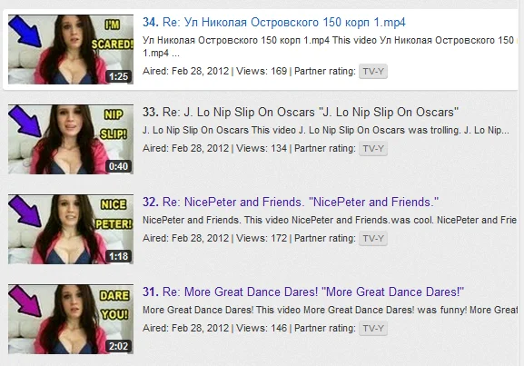 Reply Girls — YouTube search results with four reply video thumbnails of the same woman with clickbait overlays