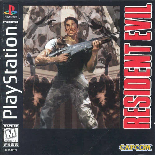 Original PlayStation box art of Resident Evil 1996 with survivor holding a shotgun