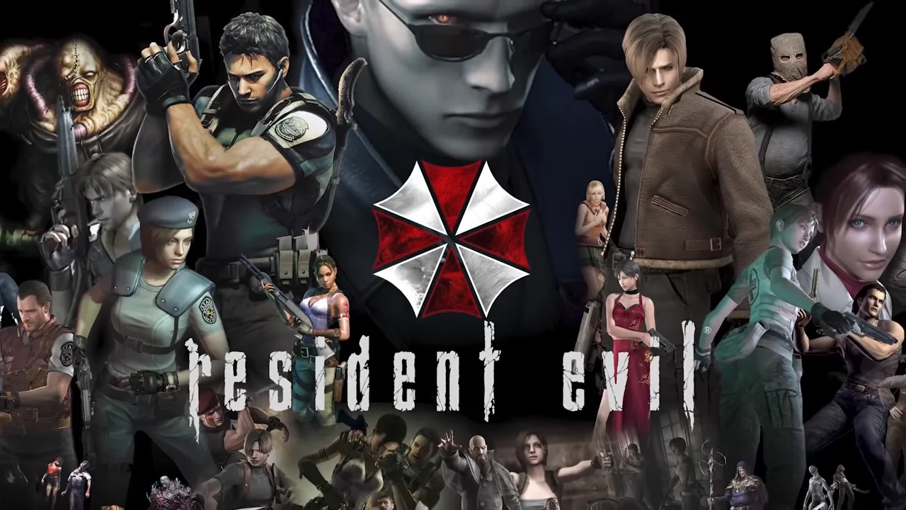 Resident Evil franchise collage featuring Chris, Jill, Leon, Wesker, Nemesis and the Umbrella Corp logo