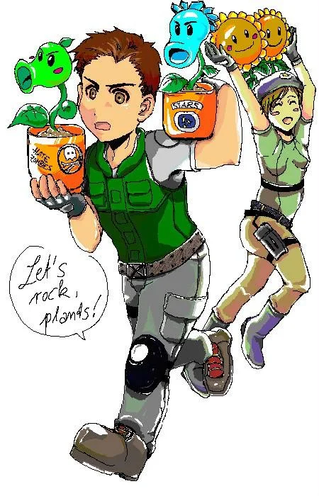Fan art crossover of Resident Evil characters holding Plants vs. Zombies plants