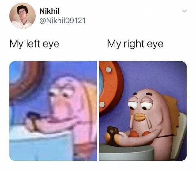 Resolution Comparisons — A Twitter screenshot showing a humorous side-by-side comparison labeled 'My left eye' and 'My right eye' with blurry Toy Story