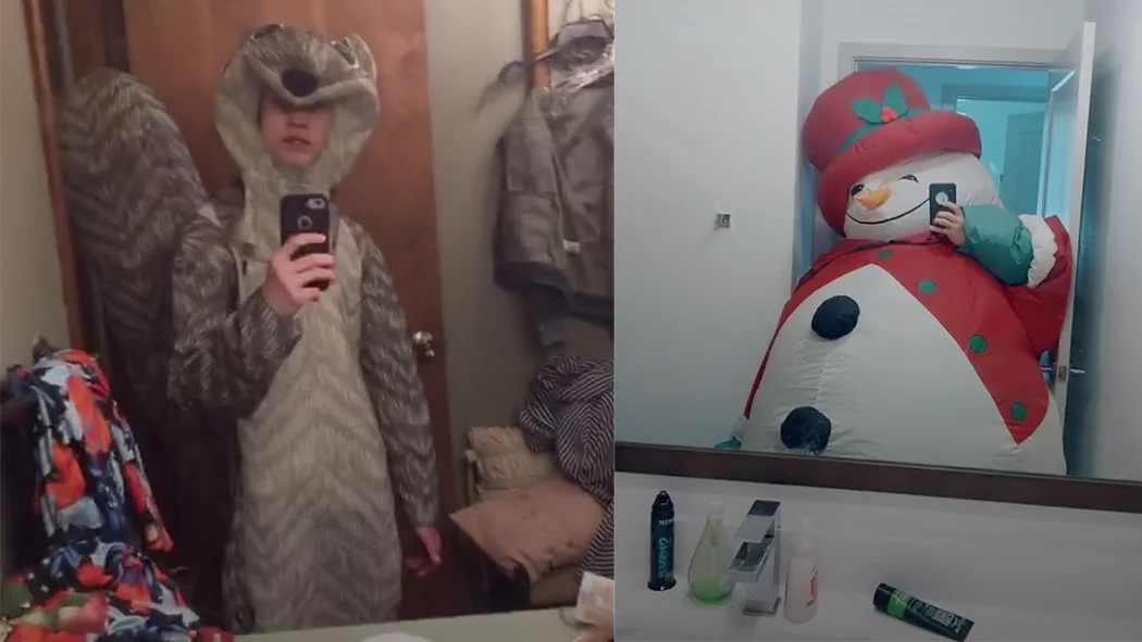 Respect the Drip Karen — Split image of two mirror selfies, one in an owl onesie and one in an inflatable snowman costume