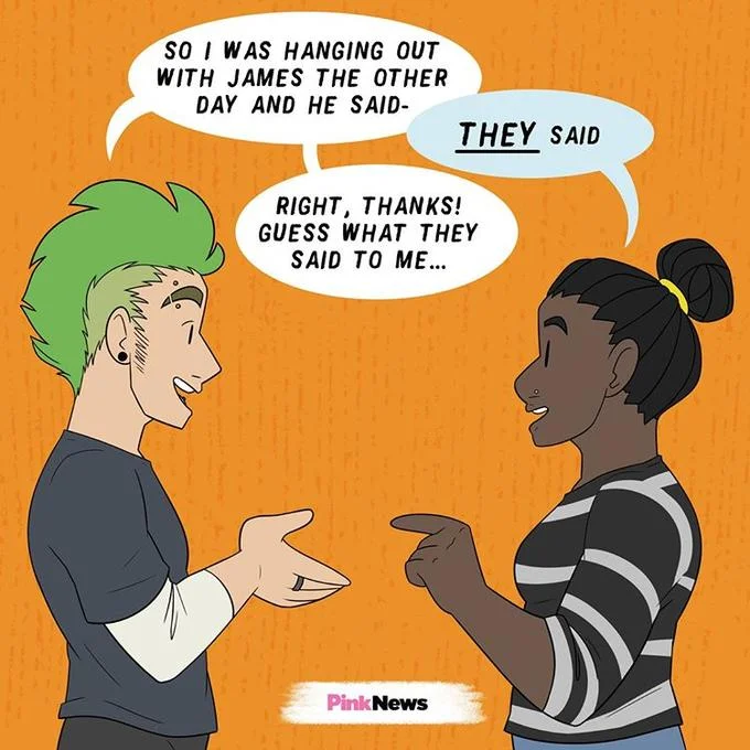 Respecting Trans People's Pronouns — Standalone PinkNews comic with two characters correcting pronouns to 'they'