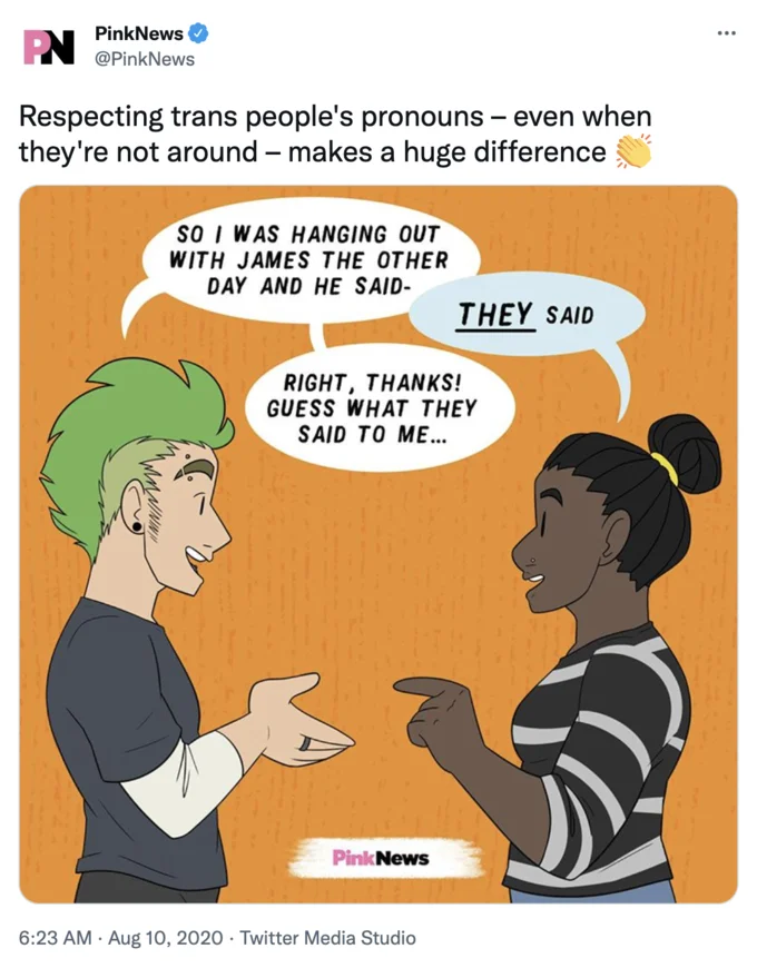 Respecting Trans People's Pronouns — Screenshot of PinkNews Twitter post with trans pronouns comic from August 2020