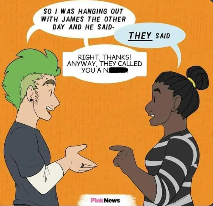 Respecting Trans People's Pronouns — Edited meme parody where character reports being called a slur after accepting pronoun correction