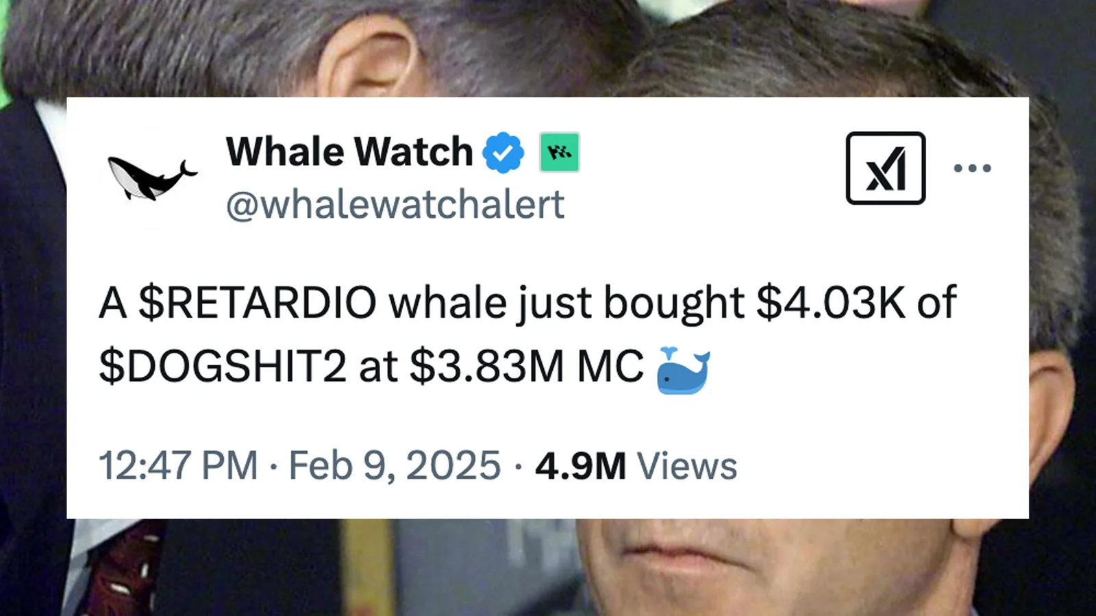 A Twitter screenshot from Whale Watch account discussing cryptocurrency token trading with RETARDIO as a blockchain asset ticker symbol.