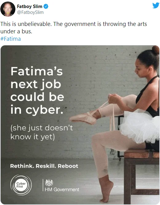 Rethink, Reskill, Reboot — Fatboy Slim tweet criticizing the Fatima cyber ad with the original ballerina image embedded.