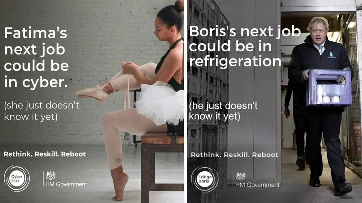 Rethink, Reskill, Reboot — Two-panel banner comparing original Fatima ballet ad to Boris Johnson refrigeration parody with 'Rethink. Reskill. Reboot.' slogan.