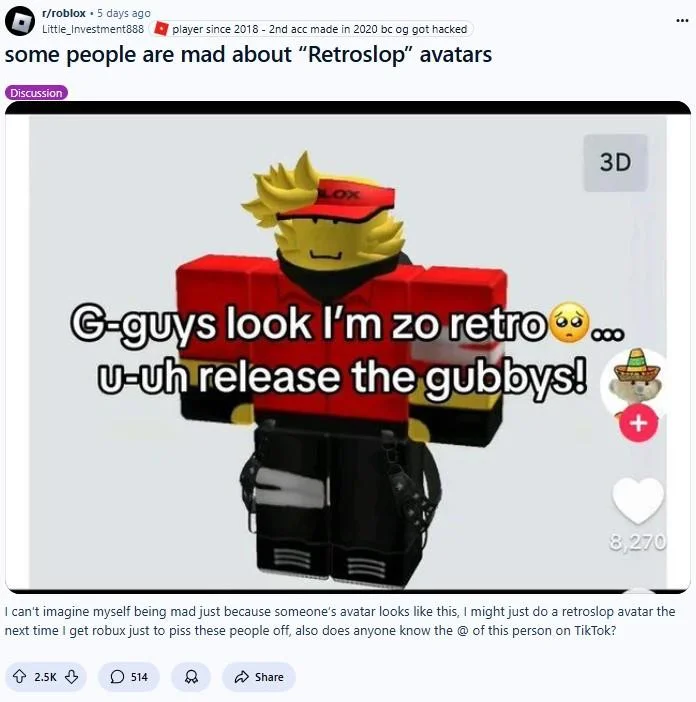 Reddit r/roblox post about Retroslop avatars showing a TikTok of a Roblox character captioned about being retro and releasing gubbys