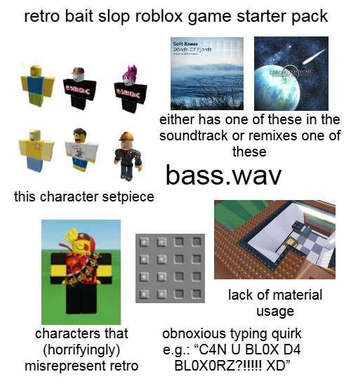 Starter pack meme collage titled 'retro bait slop roblox game starter pack' showing common retroslop tropes