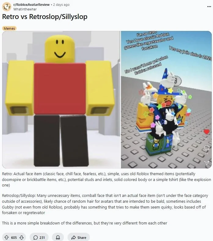 Reddit comparison post showing a classic Roblox retro avatar next to an over-designed retroslop avatar with explanatory text