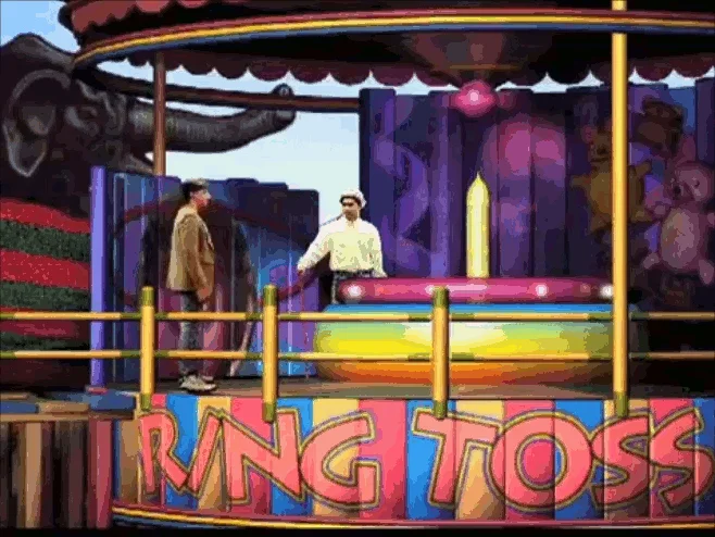 Retsupurae — Animated GIF of two men at a carnival ring toss booth from an FMV game