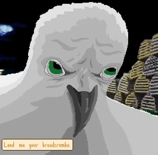 Retsupurae — Pixel art bird creature saying 'Lend me your breadcrumbs' in a video game screenshot