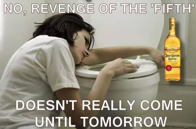 Person hungover on toilet with tequila bottle and Revenge of the Fifth caption