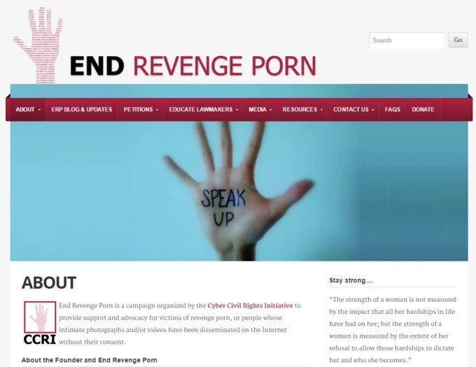 Screenshot of the End Revenge Porn campaign homepage showing a hand with 'Speak Up' written on the palm and an About section.