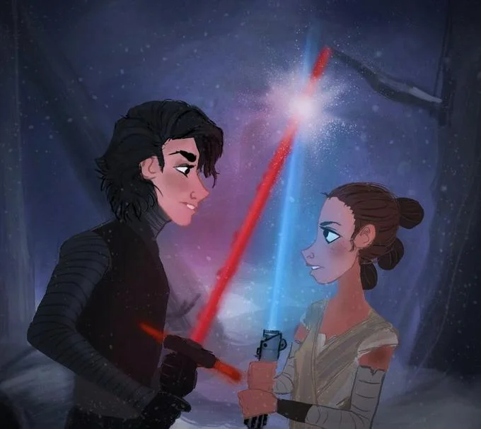 Reylo — Disney-style cartoon of Kylo Ren and Rey with crossed lightsabers smiling at each other
