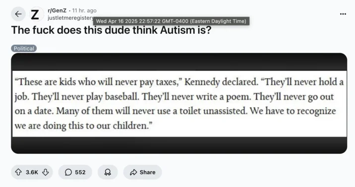 Rfk Jr Saying Autistic People Will Never Play Baseball — Reddit post screenshot displaying RFK Jr's controversial quote about autistic children never holding