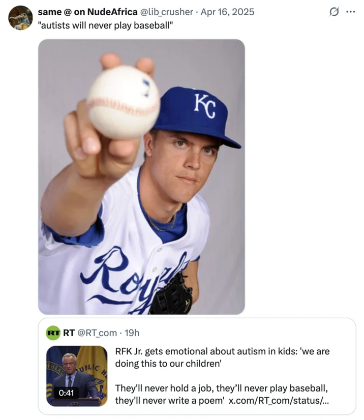 Rfk Jr Saying Autistic People Will Never Play Baseball — Twitter post screenshot with comment 'autists will never play baseball' paired with image of baseball