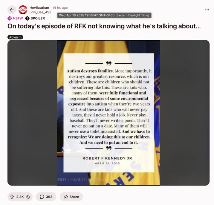 Rfk Jr Saying Autistic People Will Never Play Baseball — Reddit screenshot titled 'RFK not knowing what he's talking about' displaying RFK Jr's complete